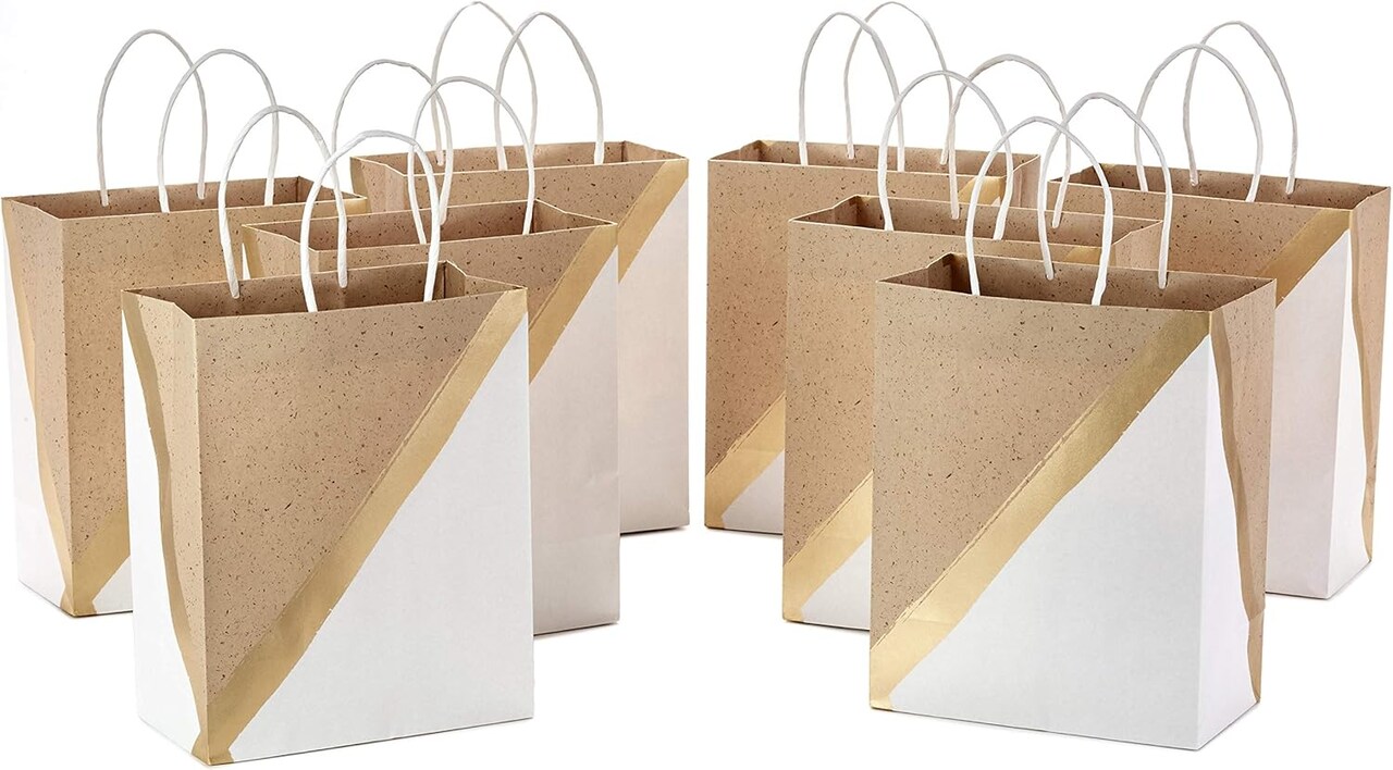 8-Pack 9" Medium Paper Gift Bags – White & Kraft with Handles, Gold Foil Accent for Birthdays, Easter, Weddings, Baby Showers, Graduations & Care Packages (White)